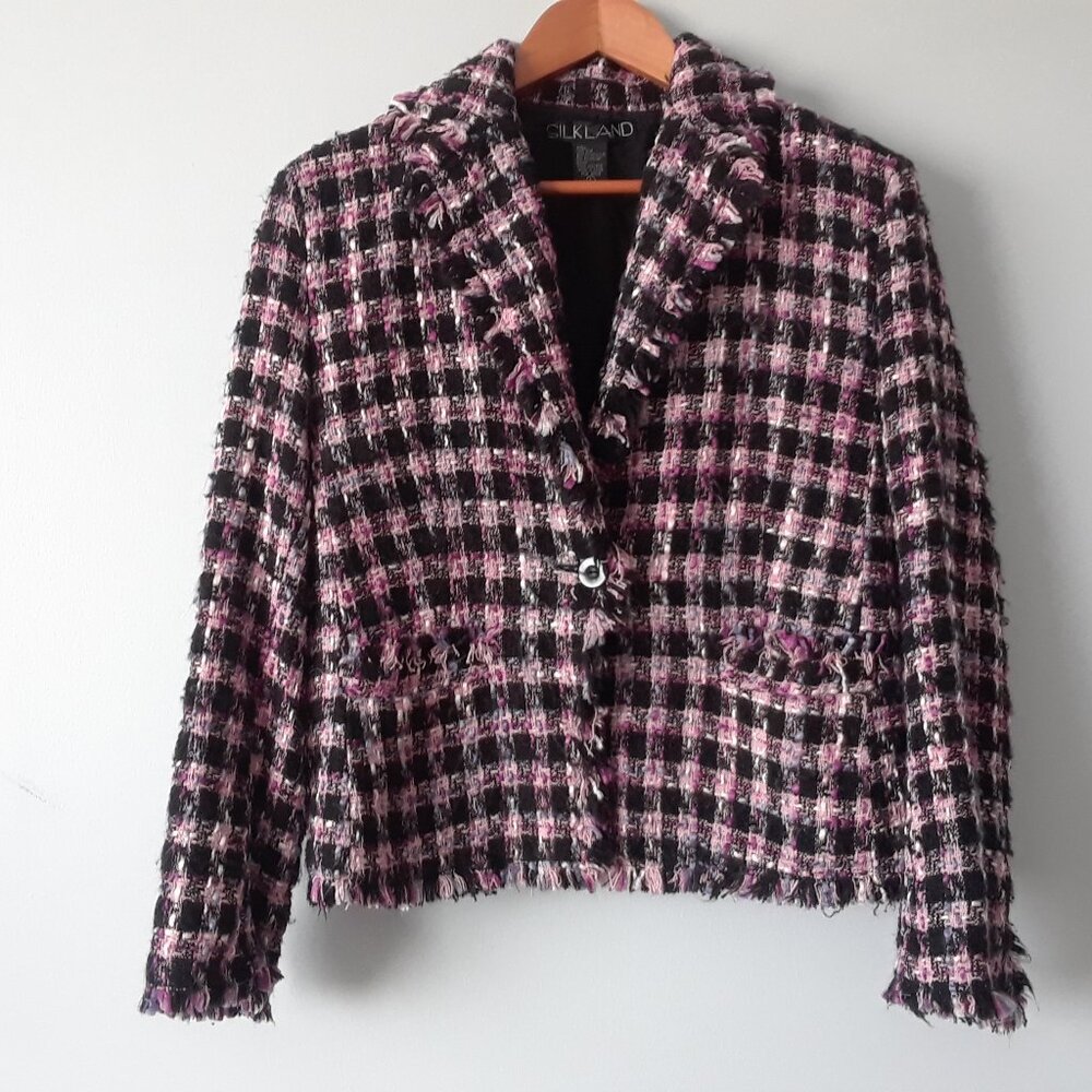 Vintage Y2K Silk Tweed Blazer Jacket L Chanel Inspired